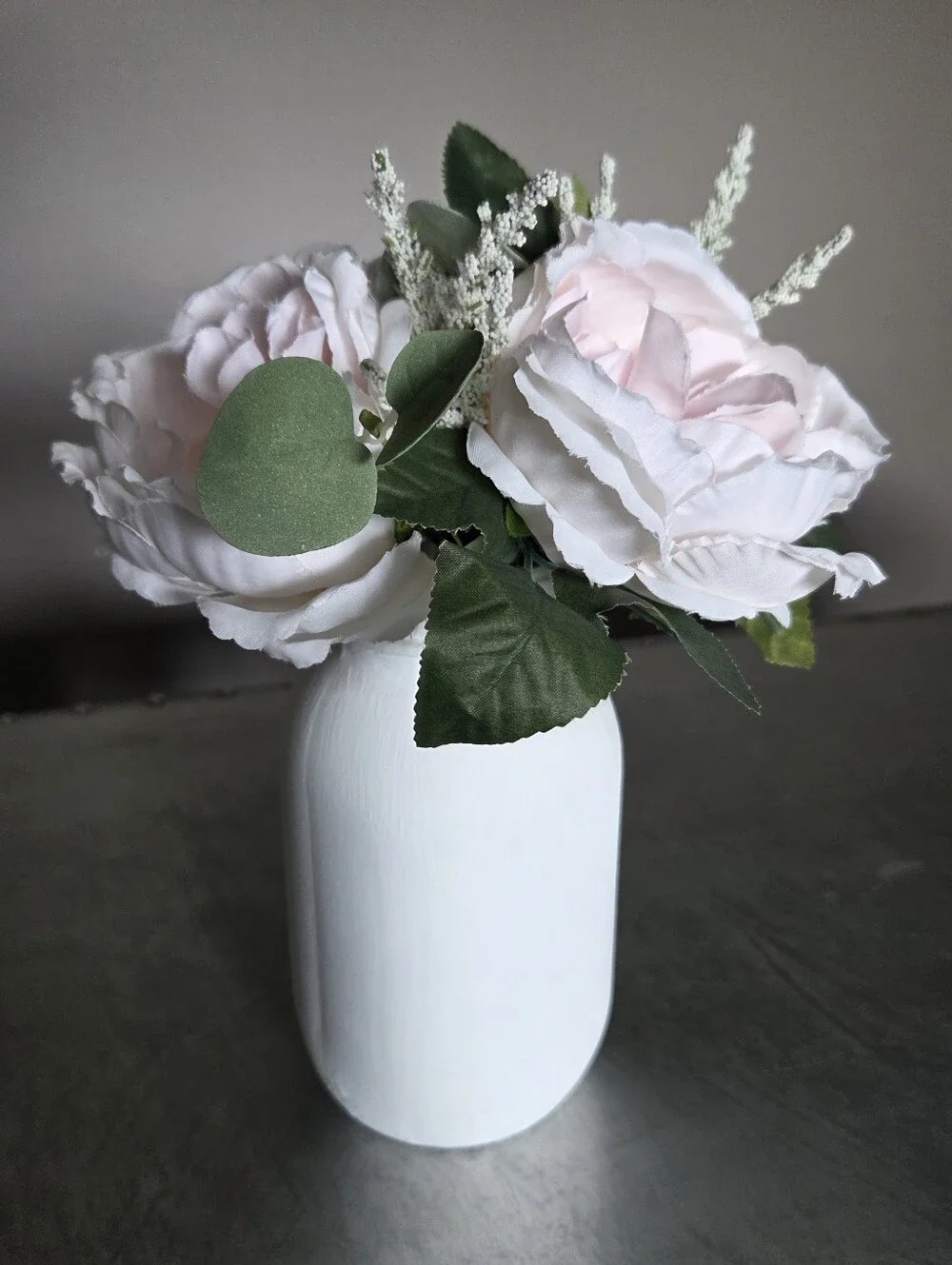 Set of 3 White Chalk Painted Mason Jars w/Pink & White Fake Flowers